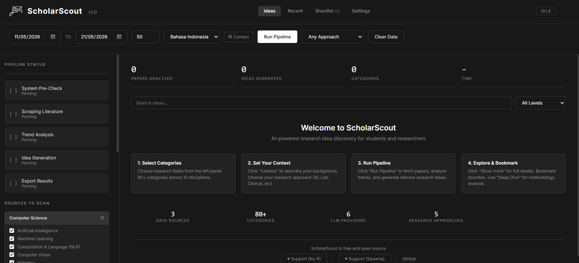 ScholarScout welcome screen showing the setup wizard and research pipeline